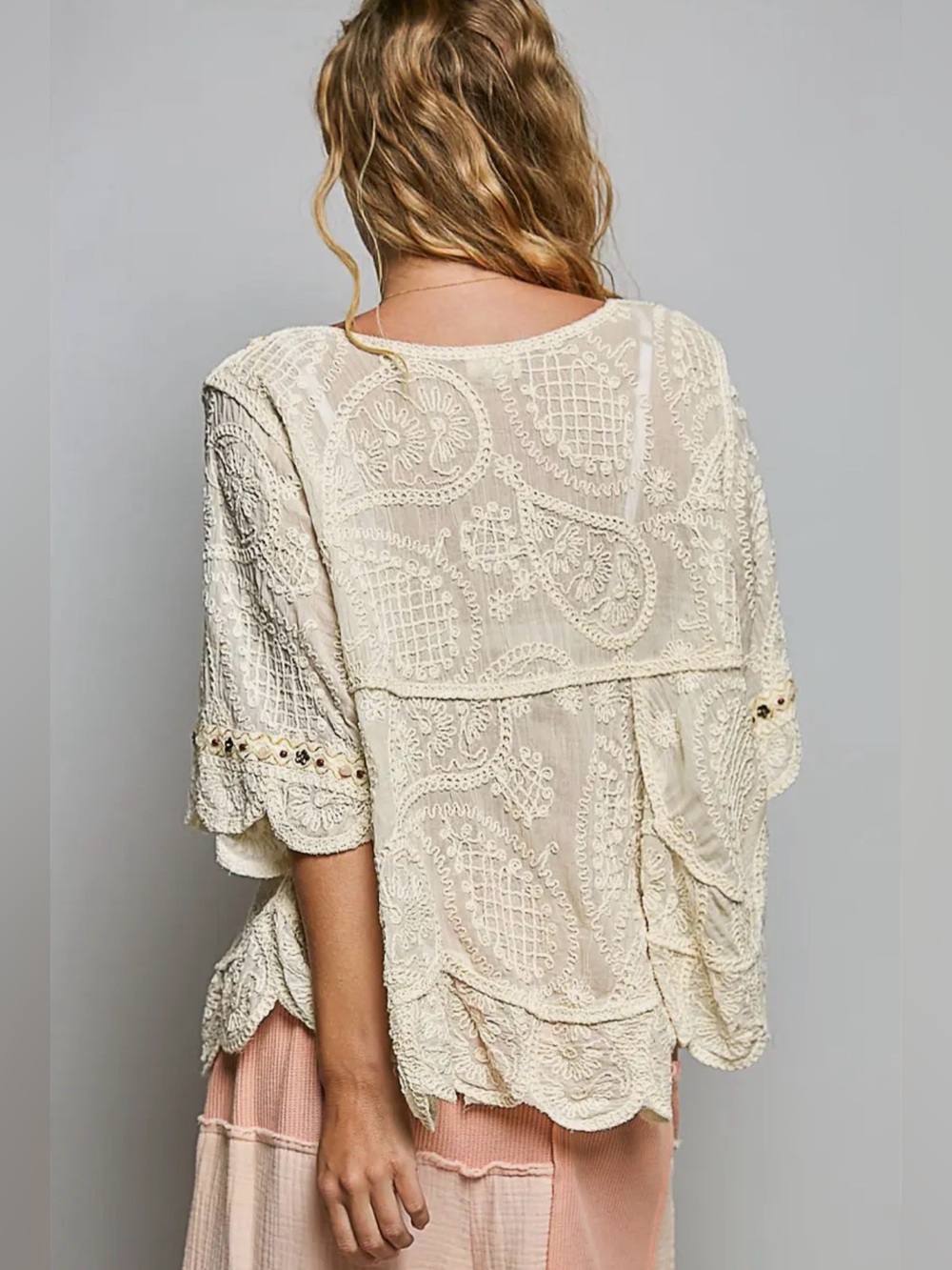 POL beige lace crochet tapestry patchwork floral pullover tunic top blouse - Picture 3 of 3